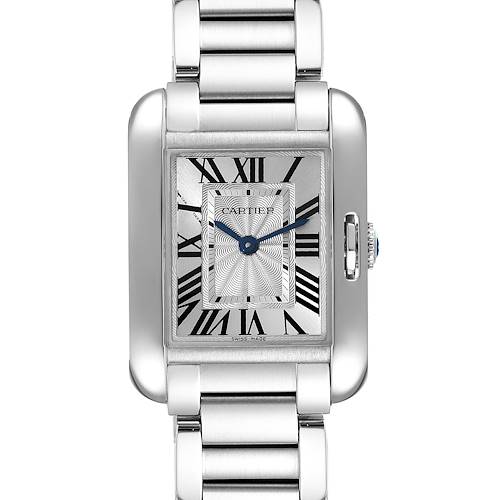 The image shows a frontal view of the Cartier Tank Anglaise W5310022 Women's Stainless Steel Silver Dial W5310022 Women's Stainless Steel Silver Dial watch, highlighting its face, bezel, and part of the bracelet.