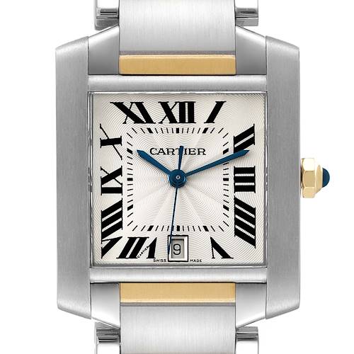 This image shows a close-up, frontal view of a Tank Francaise watch by Cartier, highlighting the dial, bezel, crown, and part of the bracelet.