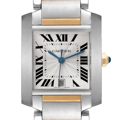 The Cartier Tank Francaise W51005Q4 Men's Steel and Gold (two tone) Silver Dial W51005Q4 Men's Steel and Gold (two tone) Silver Dial watch is shown from the front, highlighting the face, Roman numerals, and the crown with a blue stone.