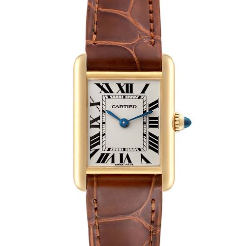 The image shows a front view of the Cartier Tank Louis W1529856 Women's Yellow Gold Silver Dial W1529856 Women's Yellow Gold Silver Dial watch, featuring its rectangular case, Roman numeral dial, and leather strap.