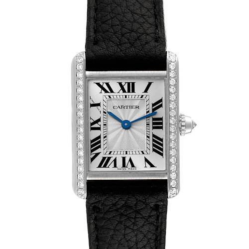Front view of a Cartier Tank Louis WJTA0011 Women's White Gold Silver Dial WJTA0011 Women's White Gold Silver Dial watch, showing the face, Roman numerals, blue hands, and black leather strap.