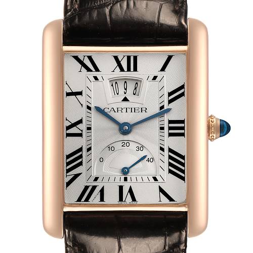 The image shows a front view of the Cartier Tank Louis W1560003 Men's Rose Gold White Dial W1560003 Men's Rose Gold White Dial watch, highlighting its rectangular face, Roman numerals, and leather strap.