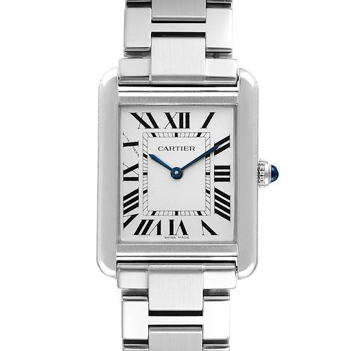 The Cartier Tank Solo W5200013 Women's Stainless Steel Silver Dial W5200013 Women's Stainless Steel Silver Dial watch is shown from a front angle, displaying its face with Roman numerals and metal bracelet.