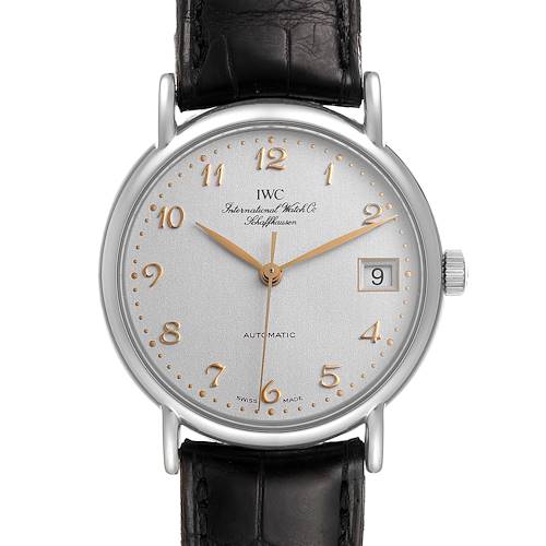 The image shows a front view of the IWC Portofino IW351323 Men's Stainless Steel Silver Dial IW351323 Men's Stainless Steel Silver Dial watch, highlighting the dial, numerals, date window, and leather strap.