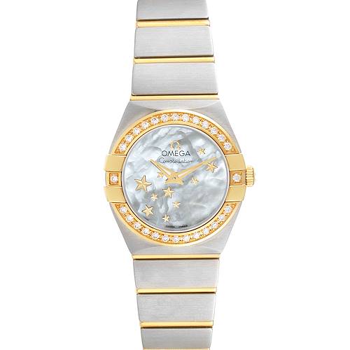 The image shows a front view of the Omega 123.25.24.60.05.001 Women's Steel and Gold (two tone) Mother of Pearl Dial 123.25.24.60.05.001 Women's Steel and Gold (two tone) Mother of Pearl Dial Constellation Star Steel Yellow Gold Diamond Watch 123.25.24.60.05.001.