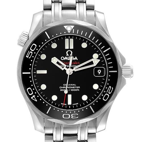 This image shows a front view of an Omega Seamaster 212.30.36.20.01.002 Men's Stainless Steel Black Dial 212.30.36.20.01.002 Men's Stainless Steel Black Dial, highlighting the dial, bezel, hands, crown, and part of the bracelet.