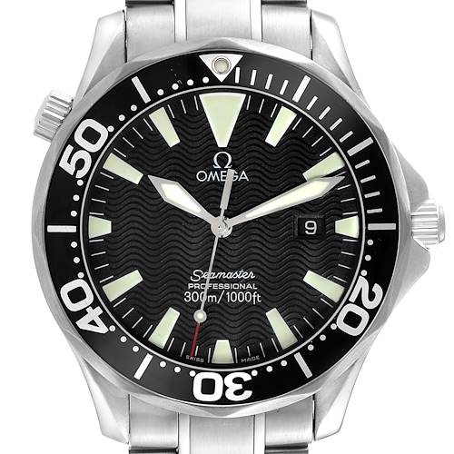 The image shows a front view of an Omega Seamaster 2264.50.00 Men's Stainless Steel Black Dial 2264.50.00 Men's Stainless Steel Black Dial watch, displaying the dial, bezel, crown, and part of the bracelet.