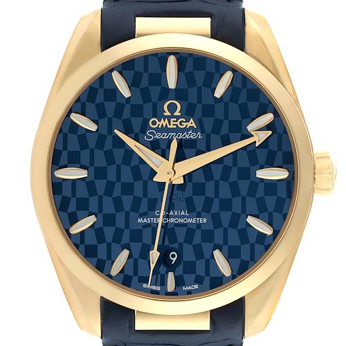 The image shows a front view of an Omega Aqua Terra 522.53.38.20.03.001 Men's Yellow Gold Blue Dial 522.53.38.20.03.001 Men's Yellow Gold Blue Dial Seamaster watch with a gold case and navy blue patterned dial.