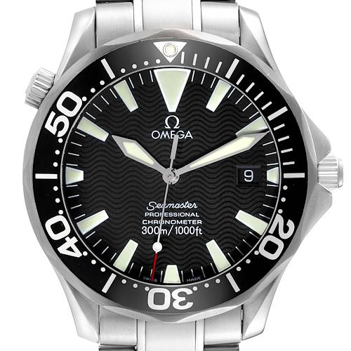 The image shows a front view of the Omega Seamaster 2254.50.00 Men's Stainless Steel Black Dial 2254.50.00 Men's Stainless Steel Black Dial watch, highlighting the face, bezel, hands, and part of the bracelet.