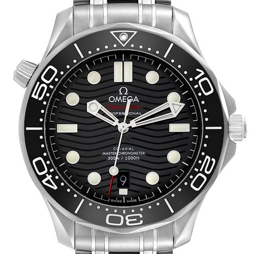 Front view of the Omega Seamaster 210.30.42.20.01.001 Men's Stainless Steel Black Dial 210.30.42.20.01.001 Men's Stainless Steel Black Dial watch showing the dial, bezel, date window, and part of the bracelet.