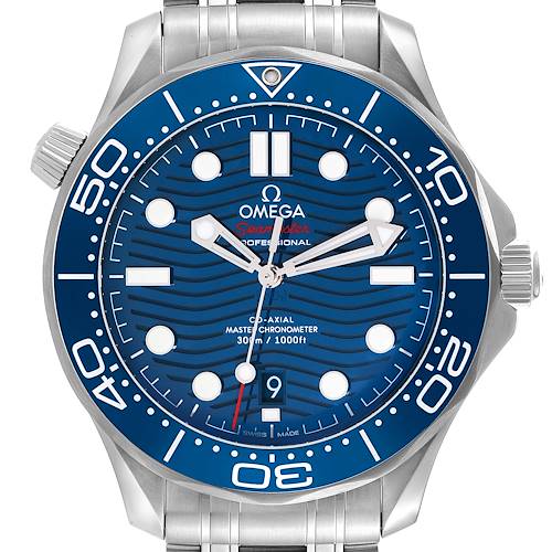 This is a front view of the Omega Seamaster 210.30.42.20.03.001 Men's Stainless Steel Blue Dial 210.30.42.20.03.001 Men's Stainless Steel Blue Dial watch, showing its blue dial, bezel, and bracelet.