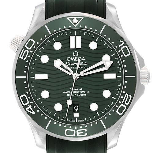The image shows a front-facing view of an Omega Seamaster 210.32.42.20.10.001 Men's Stainless Steel Green Dial 210.32.42.20.10.001 Men's Stainless Steel Green Dial watch, highlighting its dial, bezel, and markers.