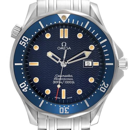 This image displays the front view of the Omega Seamaster 2541.80.00 Men's Stainless Steel Blue Dial 2541.80.00 Men's Stainless Steel Blue Dial watch, highlighting the dial, bezel, hands, and part of the bracelet.