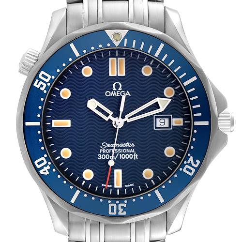 The Omega Seamaster 2541.80.00 Men's Stainless Steel Blue Dial 2541.80.00 Men's Stainless Steel Blue Dial watch is shown from a front angle, featuring a blue dial, date window, and stainless steel bracelet.