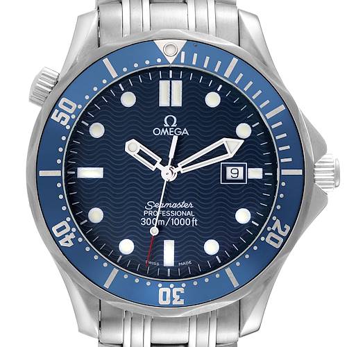 The Omega Seamaster 2541.80.00 Men's Stainless Steel Blue Dial 2541.80.00 Men's Stainless Steel Blue Dial watch is shown from a front view, displaying the face, bezel, and part of the stainless steel bracelet.