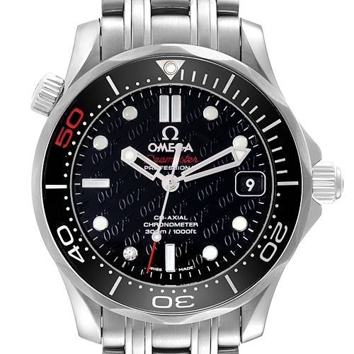 The image shows a front view of the Omega Seamaster 212.30.36.20.51.001 Men's Stainless Steel Black Dial 212.30.36.20.51.001 Men's Stainless Steel Black Dial watch, highlighting the dial, bezel, crown, and part of the bracelet.