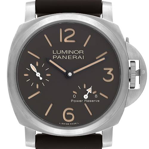 The image shows a front view of the Panerai Luminor PAM00797 Men's Titanium Brown Dial PAM00797 Men's Titanium Brown Dial watch, highlighting its black dial, power reserve indicator, and crown guard.