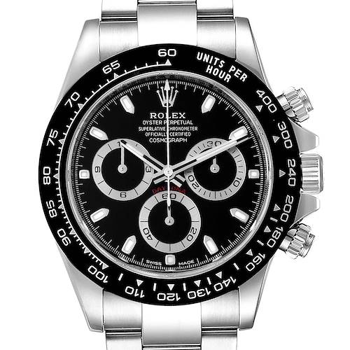 The image shows a front view of a Rolex Daytona 116500 Men's Stainless Steel Black Dial 116500 Men's Stainless Steel Black Dial watch, highlighting its black dial, bezel, subdials, and stainless steel bracelet.