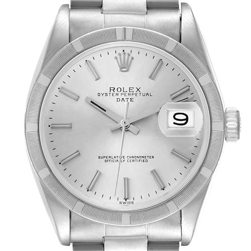 The Rolex Date model watch is shown from the front, displaying the dial, hands, date window, crown, and part of the bracelet.