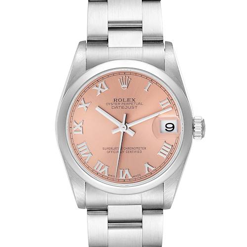 The watch is a Rolex Datejust 78240 Women's Stainless Steel Pink Dial 78240 Women's Stainless Steel Pink Dial model shown from the front, displaying the pink dial, Roman numerals, date window, and metal bracelet.