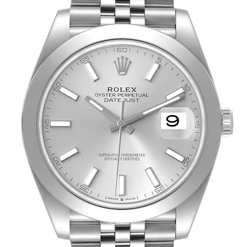 This image shows a front view of a Rolex Datejust 41 126300 Men's Stainless Steel Silver Dial 126300 Men's Stainless Steel Silver Dial watch, highlighting the silver dial, luminous markers, and date window.
