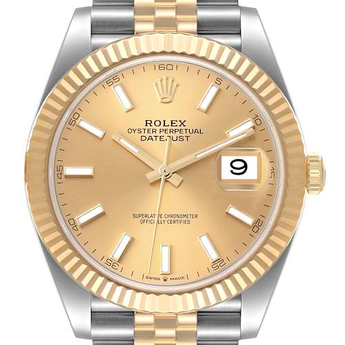 The image shows a front view of the Rolex Datejust 41 126333 Men's Steel and Gold (two tone) Champagne Dial 126333 Men's Steel and Gold (two tone) Champagne Dial watch, highlighting its gold dial, date display, and two-tone metal bracelet.