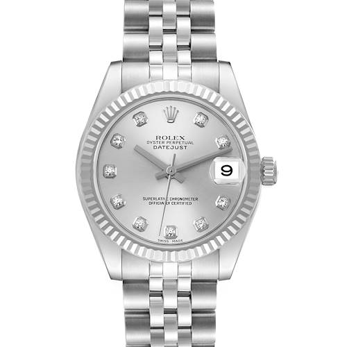 The image shows a frontal view of the Rolex Mid-Size 178274 Women's Stainless Steel Silver Dial 178274 Women's Stainless Steel Silver Dial Datejust, highlighting its dial, bezel, and bracelet.