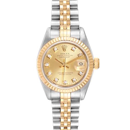 The Rolex Datejust 69173  Women's Steel and Gold (two tone) Champagne Dial 69173  Women's Steel and Gold (two tone) Champagne Dial watch is shown from a front angle displaying its face, bezel, and bracelet.
