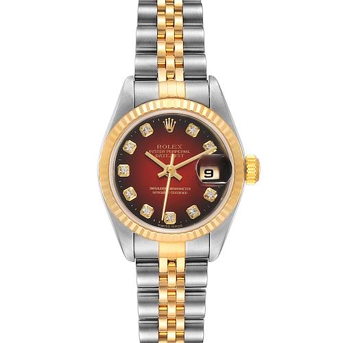 The Rolex Datejust 79173 Women's Steel and Gold (two tone) Red Dial 79173 Women's Steel and Gold (two tone) Red Dial watch is shown from the front, displaying the face, dial, and two-tone bracelet.