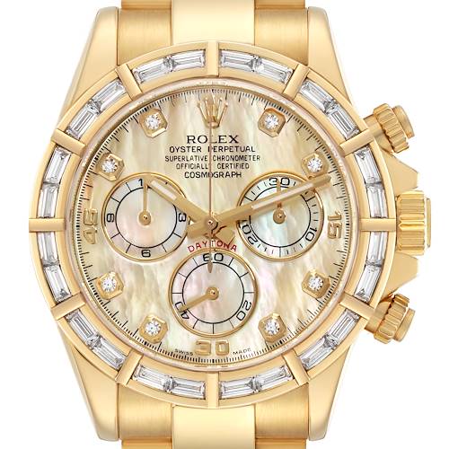 The image shows a frontal view of the Rolex Daytona 116568BR Men's Yellow Gold Mother of Pearl Dial 116568BR Men's Yellow Gold Mother of Pearl Dial watch, highlighting its dial, subdials, bezel, and crown.
