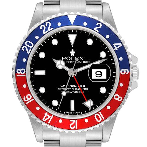 This image shows a front view of the dial, hands, and bezel of a Rolex GMT-Master 16710 Men's Stainless Steel Black Dial 16710 Men's Stainless Steel Black Dial II watch, including the date display.