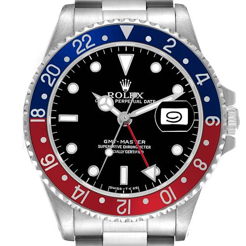 The Rolex GMT-Master 16700 Men's Stainless Steel Black Dial 16700 Men's Stainless Steel Black Dial watch is shown from a front angle, highlighting the bezel, dial, and date window.