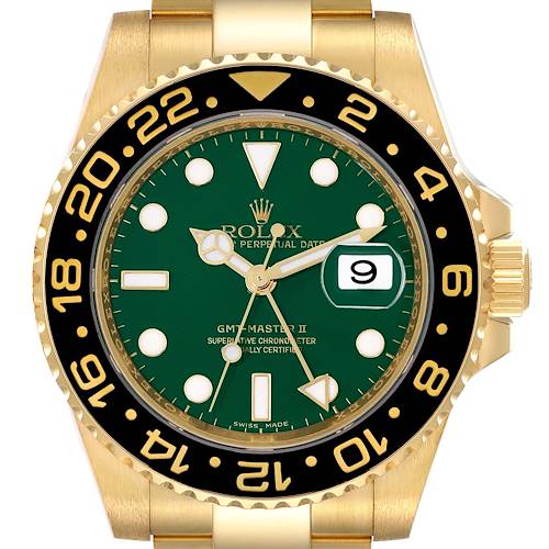The image shows a front view of the Rolex GMT-Master 116718 Men's Yellow Gold Green Dial 116718 Men's Yellow Gold Green Dial II watch, highlighting the green dial, bezel, and date window at 3 o'clock.