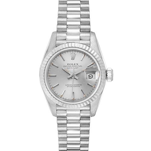 This image shows a frontal view of a Rolex President 69179 Women's White Gold Silver Dial 69179 Women's White Gold Silver Dial model watch, highlighting its face, bezel, and bracelet.
