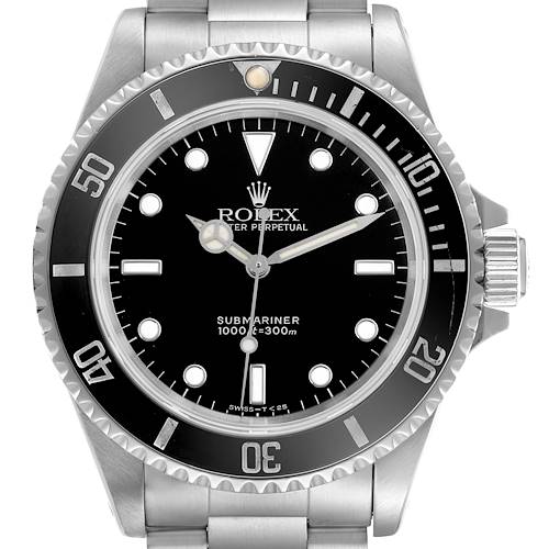 The Rolex Submariner 14060 Men's Stainless Steel Black Dial 14060 Men's Stainless Steel Black Dial watch is shown from a front angle, highlighting its dial, bezel, crown, and part of the bracelet.