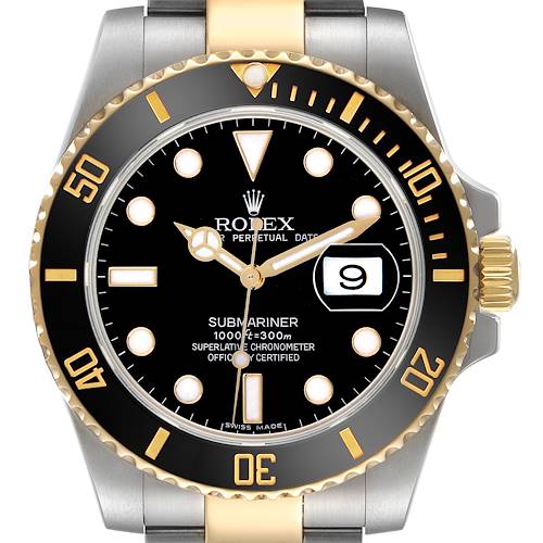 The Rolex Submariner 116613 Men's Steel and Gold (two tone) Black Dial 116613 Men's Steel and Gold (two tone) Black Dial watch is shown from a front angle, highlighting the dial, bezel, crown, and part of the bracelet.