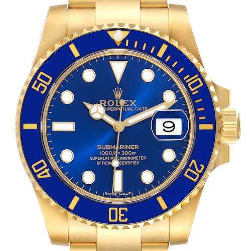 This image shows a front view of the Rolex Submariner 116618 Men's Yellow Gold Blue Dial 116618 Men's Yellow Gold Blue Dial watch, highlighting its blue dial, bezel, gold case, and bracelet.