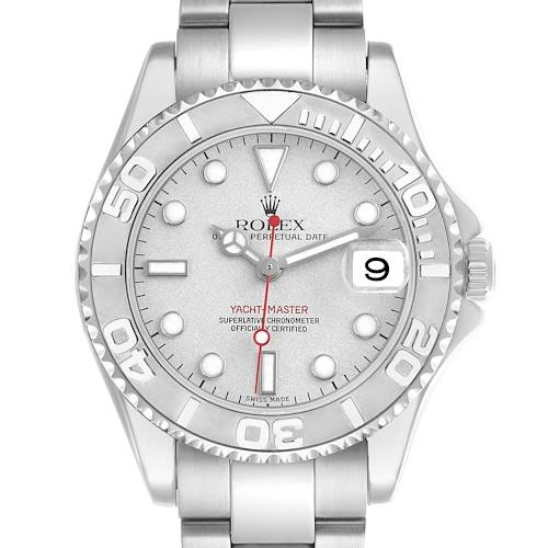 The Rolex Yacht-Master 168622 Men's Stainless Steel Silver Dial 168622 Men's Stainless Steel Silver Dial watch is shown from a front angle, featuring its silver dial, bezel, and bracelet.