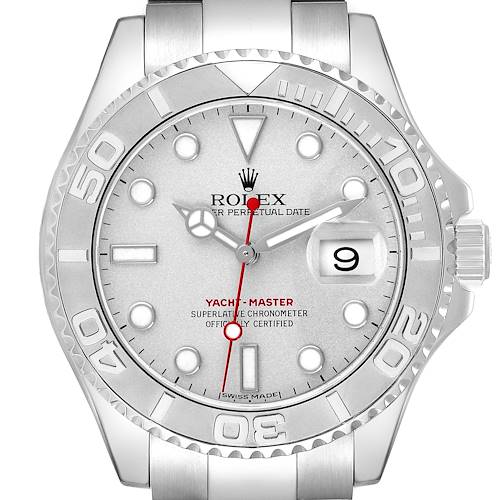 The Rolex Yacht-Master 16622 Men's Stainless Steel Silver Dial 16622 Men's Stainless Steel Silver Dial watch is shown from a front angle, highlighting the dial, bezel, and part of the bracelet.