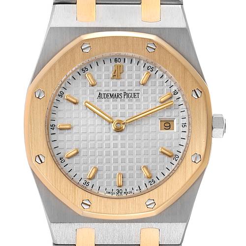This is a close-up front view of the Audemars Piguet Royal Oak 56175SA.OO.0789SA.09 Men's Steel and Gold (two tone) Silver Dial 56175SA.OO.0789SA.09 Men's Steel and Gold (two tone) Silver Dial watch, showing its dial, hands, and date window.