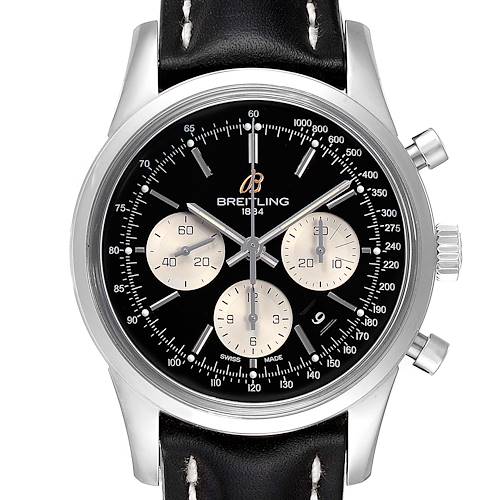 This image shows a front view of the Breitling Transocean AB0151 Men's Stainless Steel Black Dial AB0151 Men's Stainless Steel Black Dial watch, highlighting its black dial, chronograph subdials, and leather strap.