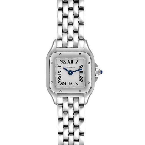 The image shows a face-on view of the Cartier Panthere WSPN0019 Women's Stainless Steel Silver Dial WSPN0019 Women's Stainless Steel Silver Dial watch, highlighting its square face and stainless steel bracelet.