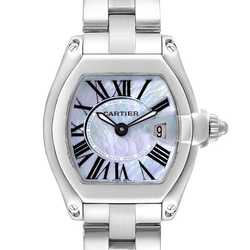 This Cartier Roadster W6206007 Women's Stainless Steel Mother of Pearl Dial W6206007 Women's Stainless Steel Mother of Pearl Dial watch is shown from a front view, highlighting its dial, case, and metal bracelet.