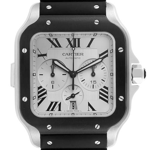 The Cartier Santos WSSA0017 Men's Stainless Steel Silver Dial WSSA0017 Men's Stainless Steel Silver Dial watch is shown from the front, highlighting its face, subdials, date window, and crown.
