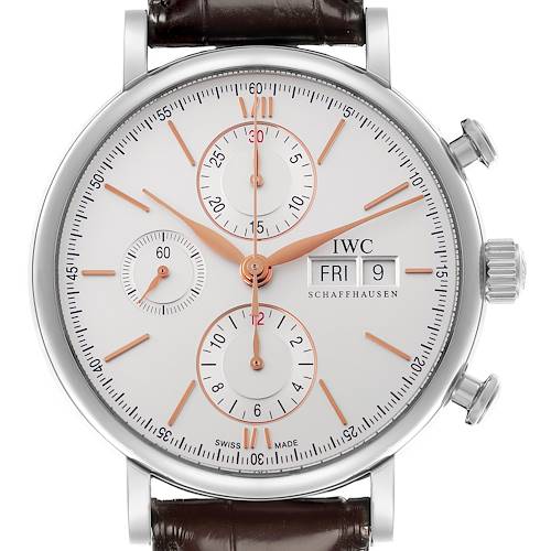 The IWC Portofino IW391022 Men's Stainless Steel Silver Dial IW391022 Men's Stainless Steel Silver Dial watch is shown from a front angle, highlighting the dial, subdials, and leather strap.