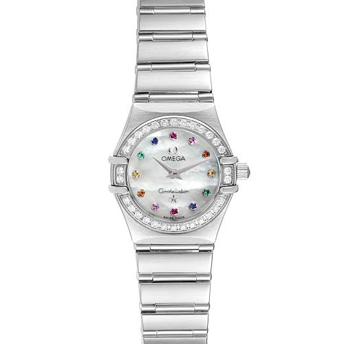 The Omega 1460.79.00 Women's Stainless Steel Mother of Pearl Dial 1460.79.00 Women's Stainless Steel Mother of Pearl Dial Constellation Iris Steel Multi Stone Ladies Watch 1460.79.00 is shown from a top-down angle, displaying the face, bezel, and bracelet.