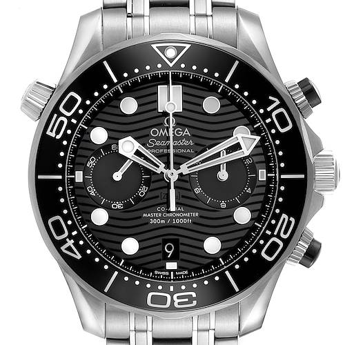 The Omega Seamaster 210.30.44.51.01.001 Men's Stainless Steel Black Dial 210.30.44.51.01.001 Men's Stainless Steel Black Dial watch is shown from the front, displaying the dial, bezel, and pushers.