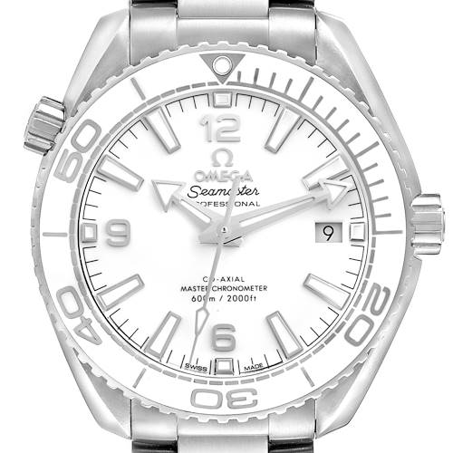 The Omega Planet Ocean 215.30.40.20.04.001 Men's Stainless Steel White Dial 215.30.40.20.04.001 Men's Stainless Steel White Dial watch is shown from a front angle, highlighting the dial, bezel, and part of the bracelet.