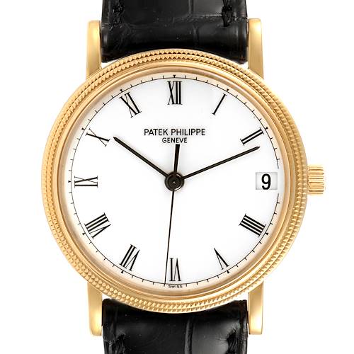 The image shows a frontal view of a Patek Philippe Calatrava 3802/200 Men's Yellow Gold White Dial 3802/200 Men's Yellow Gold White Dial watch, highlighting the dial, hands, and part of the strap.