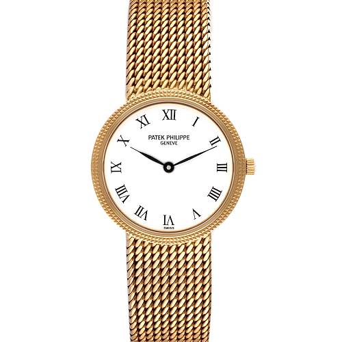 This image shows a front view of the Patek Philippe Calatrava 4819 Women's Yellow Gold White Dial 4819 Women's Yellow Gold White Dial watch, highlighting its dial, bezel, and bracelet.